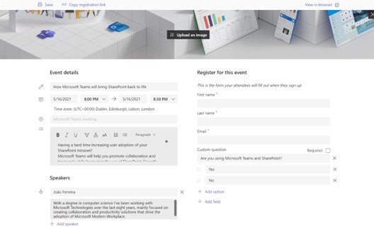 custom attendee registration in Microsoft teams