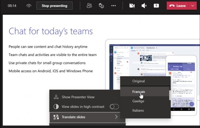 Slide translate in PowerPoint Live in Teams