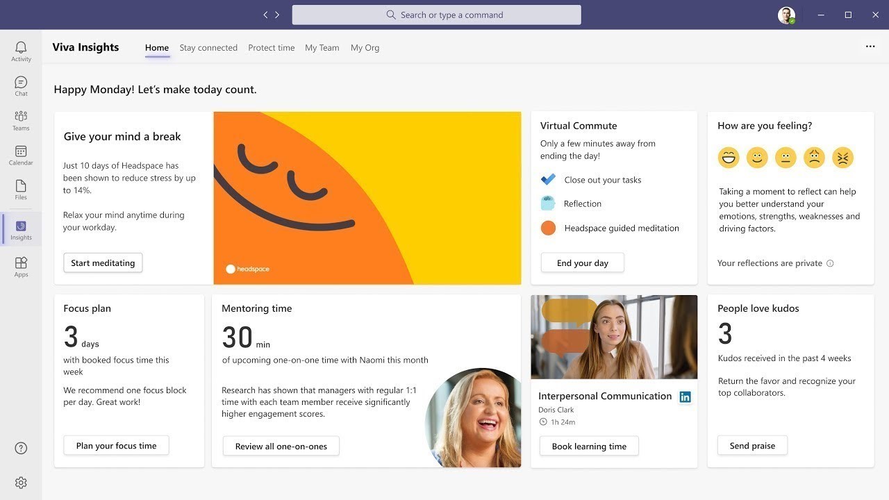Headspace integration with Microsoft Viva Insights in Microsoft Teams