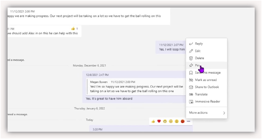 Pin chat messages in Microsoft teams